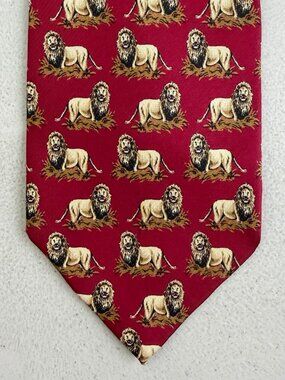 Vintage Lion Print Silk Tie 80s Safari Animal Jungle Cat Mens Necktie Red/Beige